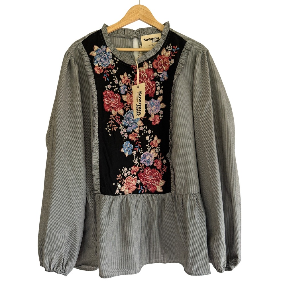 Savanna Jane Womens 2X Pinstripe Floral Embroidered Peplum Blouse P19742 NEW